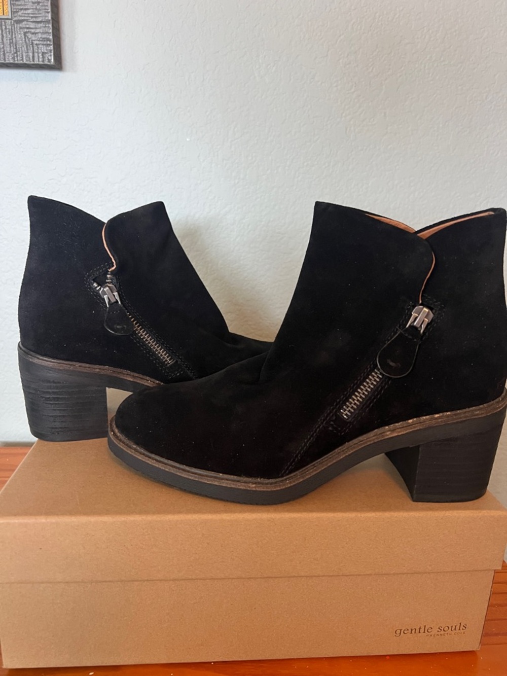 gentle souls Black Suede Ankle Booties with Side Zip